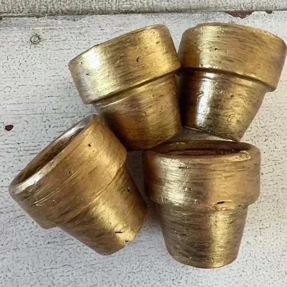 Gold Flower Pot Napkin Rings Holders Set of 4 - Picture 1 of 7
